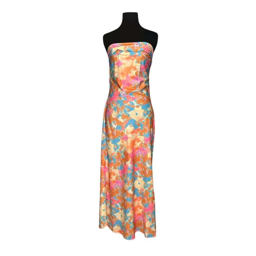 Shein pink yellow satin strapless maxi dress size Medium